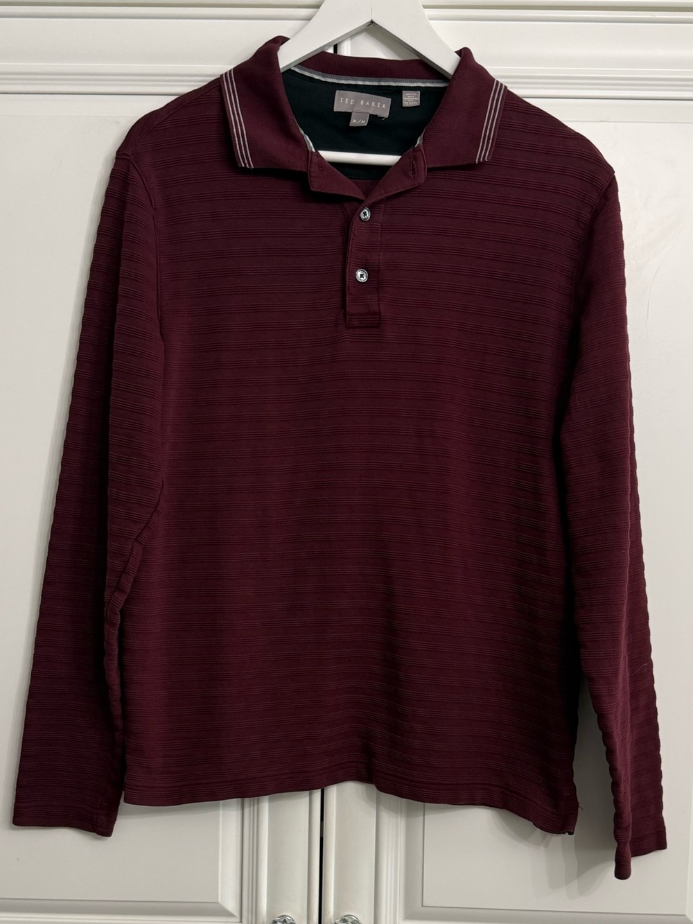 Ted Baker Men's Burgundy Textured Striped Long-Sleeve Polo Shirt Career Size M
